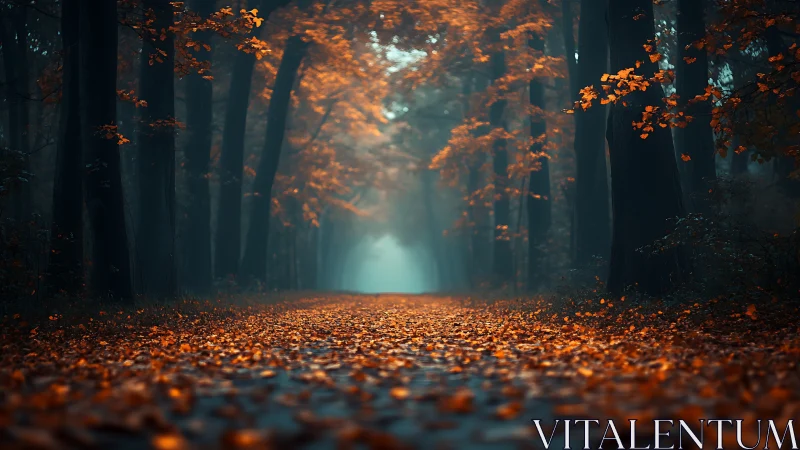 Autumn's Golden Path Through the Misty Forest.