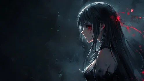 Dark anime girl profile with glowing red eyes and bloom.