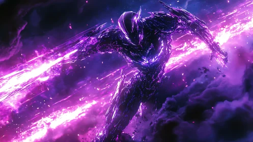 Humanoid energy construct in violet plasma cloud field.