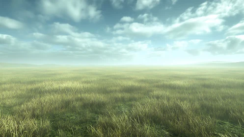 Photorealistic misted grassland under expansive sky plane.