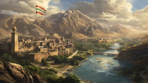 Mountain city with river, stone bridge, and large flag.