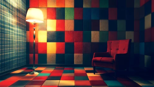 Color blocks cradle a lone red armchair in glowing hush