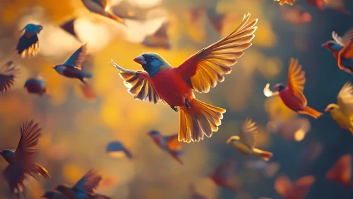 Vivid Red Cardinal in Flight Amid Autumn Birds, Digital Art Scene.