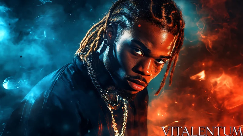 Portrait of man in intense blue and orange lighting setup.