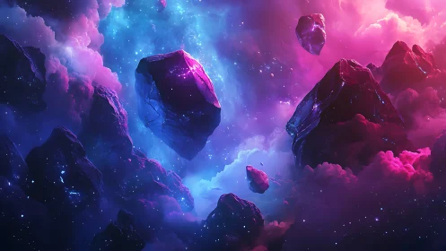 Floating space rocks in vivid pink and blue nebula sky.