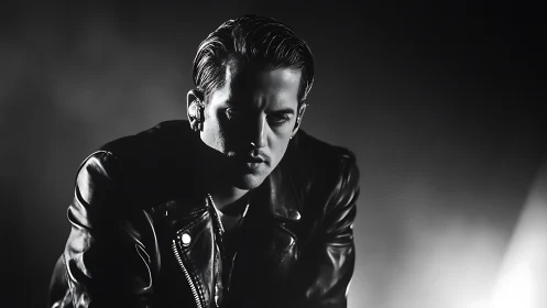 Moody portrait of man in leather jacket, dramatic light.
