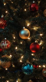 Decorated evergreen tree with illuminated glass ornaments.
