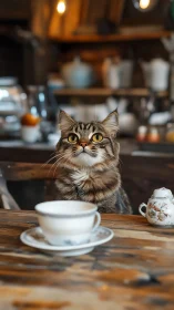 Tabby Cat Contemplates Tea Time in Cozy Kitchen Ambiance