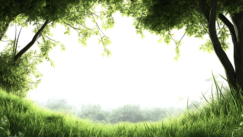 Lush Green Forest Clearing Framed by Trees and Sunlight, Digital Art.