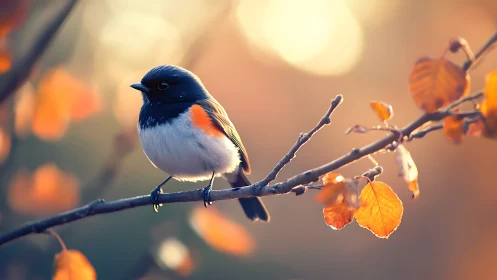 Colorful songbird on autumn branch in soft, dreamy light.