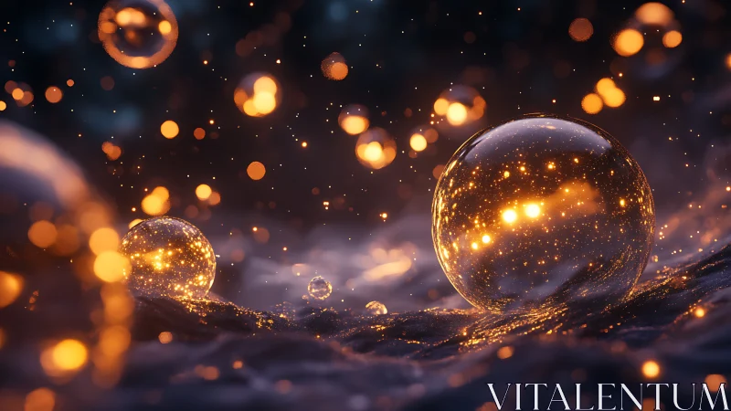 Glowing glass spheres over dark rippled surface at night.