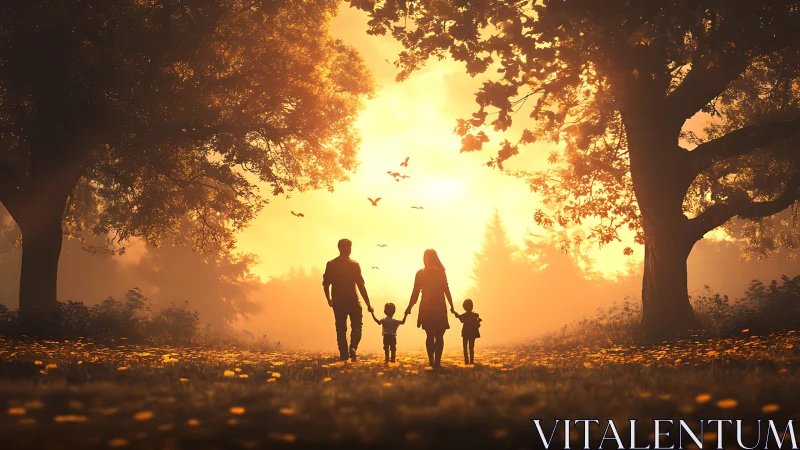Golden backlit family silhouettes in atmospheric forest path scene.