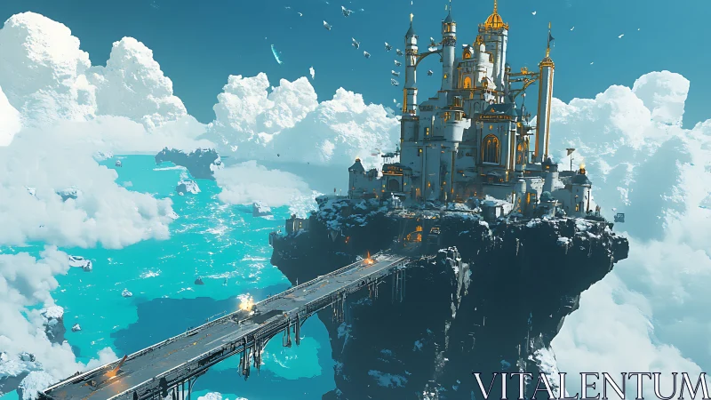 Skyborne citadel glows above turquoise cloud oceans.