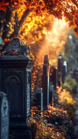 Autumn light drapes a quiet graveyard in ember-bright hush.