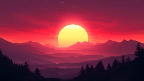 Crimson horizon cradling a colossal honeyed sunset orb.