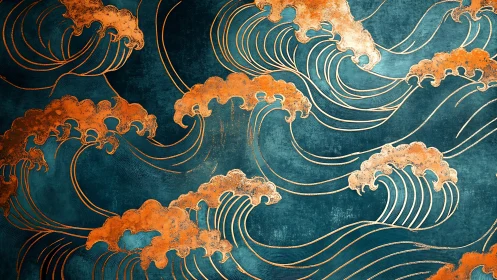 Abstract teal and copper stylized wave pattern illustration.