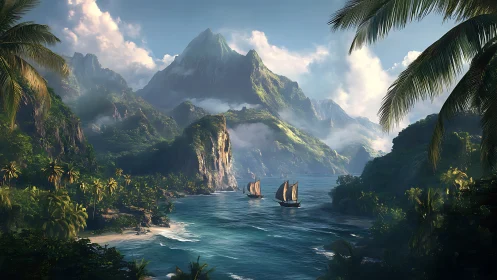 Tropical Archipelago with Sailboats and Mountain Landscape.