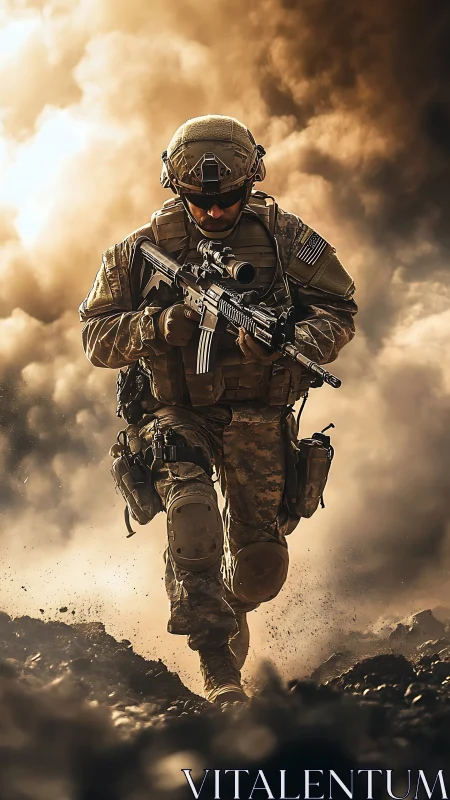 Modern infantry operator advances through dense battlefield smoke
