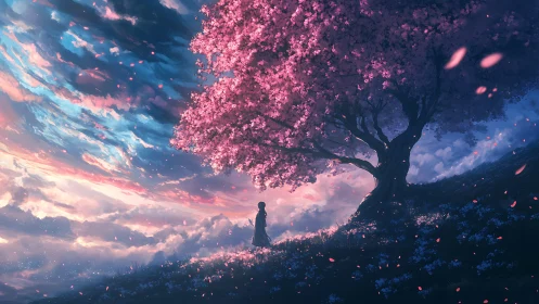 Solitary figure stands beneath dense pink-blossomed tree at dusk