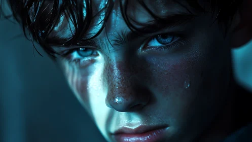 Moody close-up portrait uses cold rim lighting and microtexture detail