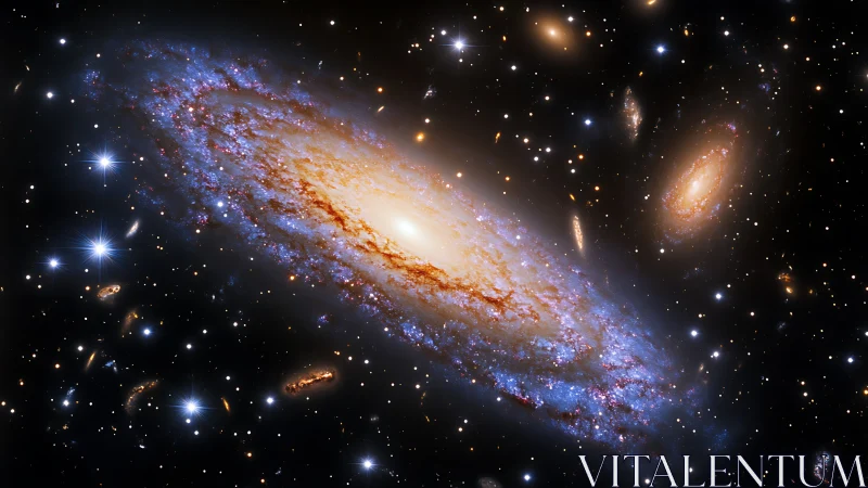 Spiral galaxy glows amid dense starfield and distant clusters.