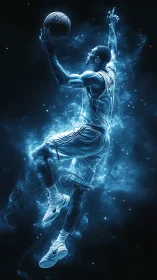 Electric blue basketball dunk rendered with energy trails.