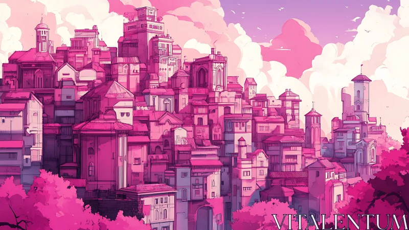 Sunlit pink hillside city rises under glowing cloud towers.