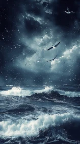 Stormy dark ocean waves under night sky with flying seabirds.