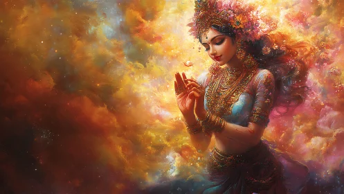 Celestial dancer draped in jeweled light and blooming clouds.