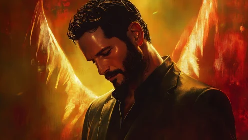 Winged dusk wraps a brooding man in molten quiet light