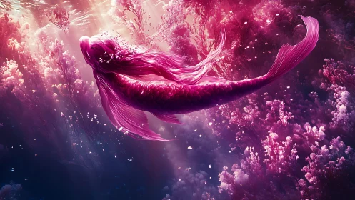 Underwater view shows pink mermaid-like figure amid flora