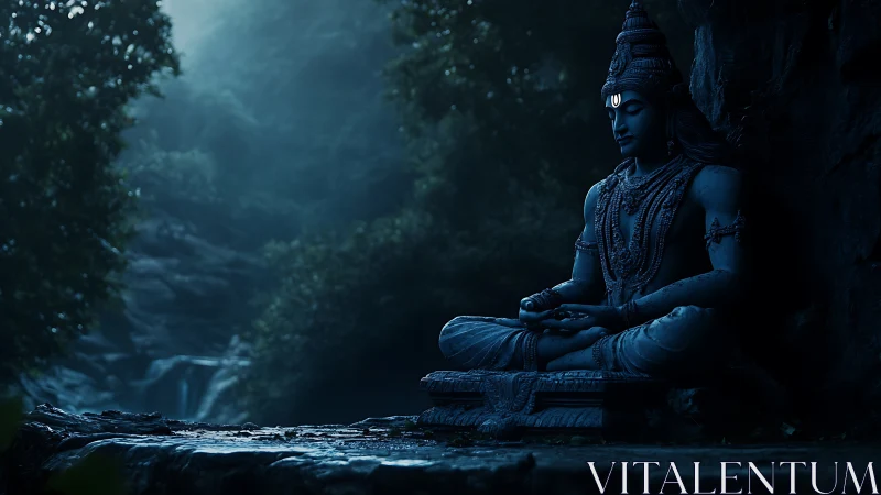 Stone Shiva figure in meditative pose within forest cavern.