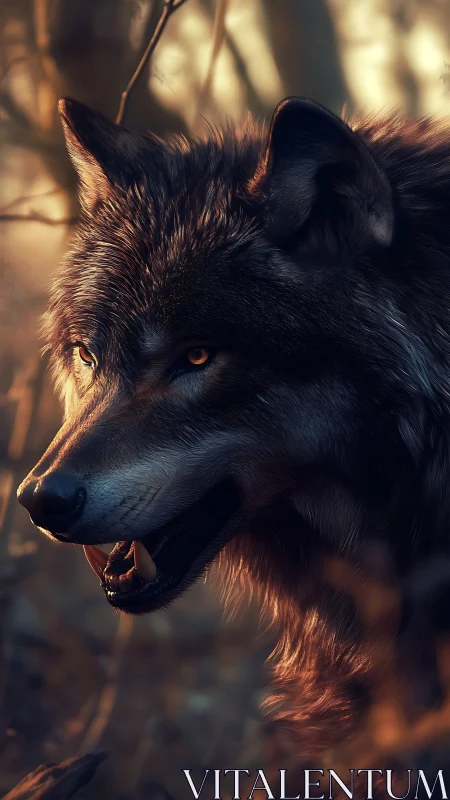 Wild forest wolf in golden evening light, calm yet alert.
