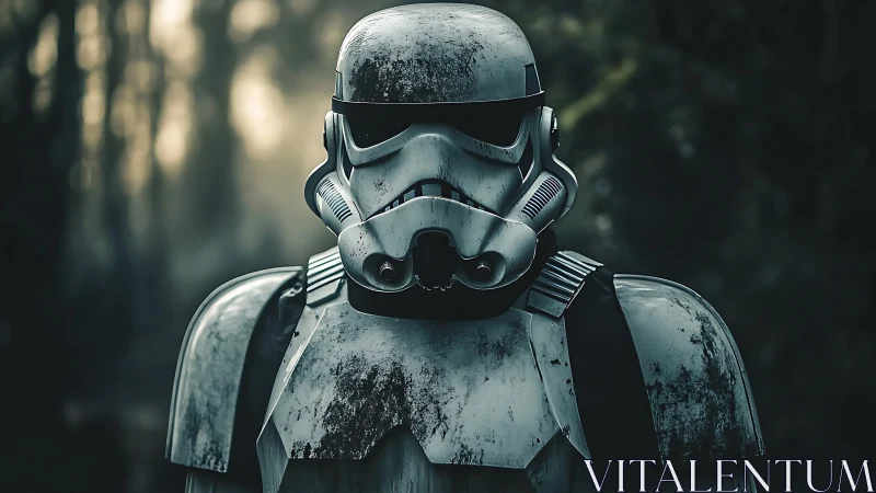 Weathered sci fi armored soldier portrait in misty forest