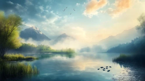 Morning mist drifts over serene mountain lake at sunrise