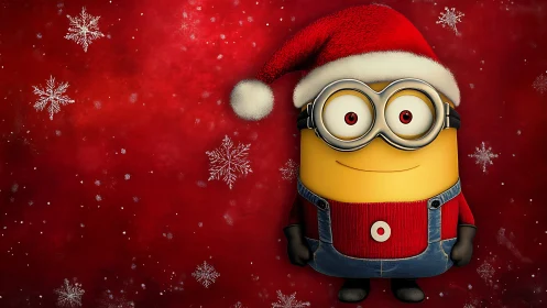 Cartoon yellow character in Santa outfit on red snow backdrop