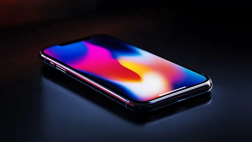 Neon Gradient Smartphone Display Against Dark Studio Environment.