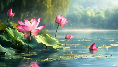 Lotus daydreams drift across a mist-brightened lakeshore.