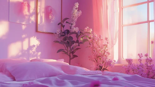 Soft pink bedroom interior shows bed, window and floral decor