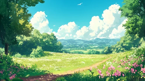 Sunlit meadow path drifting toward distant painted hills.