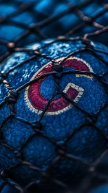 Weathered blue sports ball with bold red letter c in net