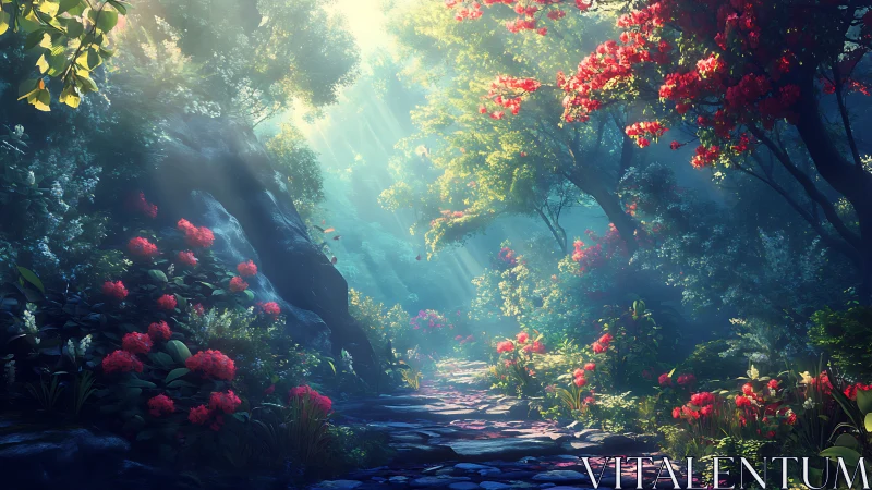 Luminous Garden Cathedral: Crimson Blooms in Ethereal Light.