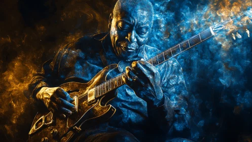 Electric blues guitarist in dual-tone fiery smoke abstraction