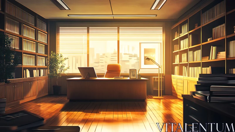 Golden afternoon light fills a calm, book-lined office sanctuary