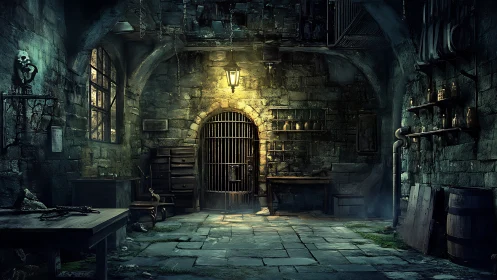 Dungeon alchemist&rsquo;s workshop under lantern glow at gate.