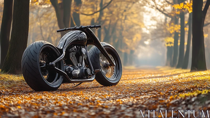Custom black motorcycle pausing on a golden autumn road.