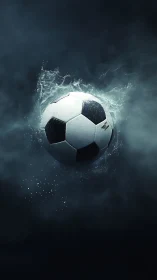 Suspended soccer ball bursts through vapor in dramatic contrast