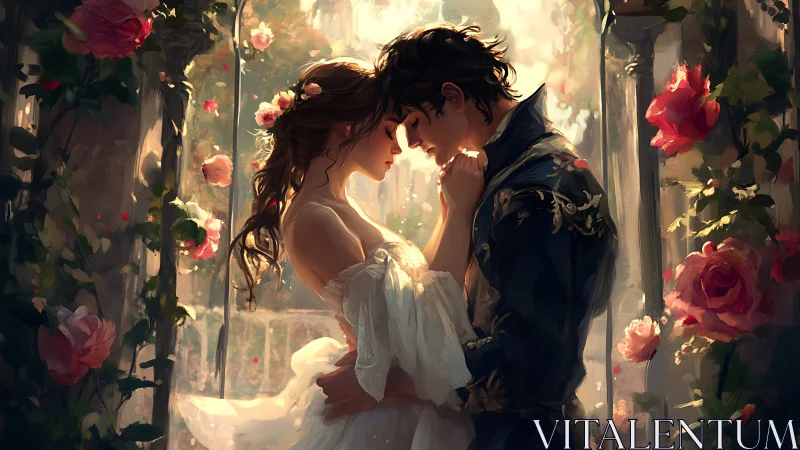 Luminescent Romantic Encounter: Two Figures Amid Blooming Rose Garden.