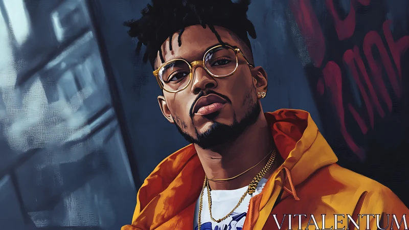 Urban portrait in orange hoodie with gold glasses and chains.