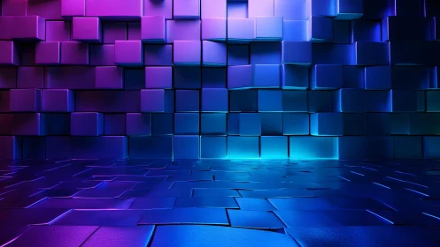 Futuristic 3D Cubes Wall with Neon Purple and Blue Lighting.